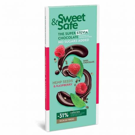 Deserowa czekolada - malina i ziarna konopi, słodzona stewią Sweet&Safe, 90g (Sweet&Safe)